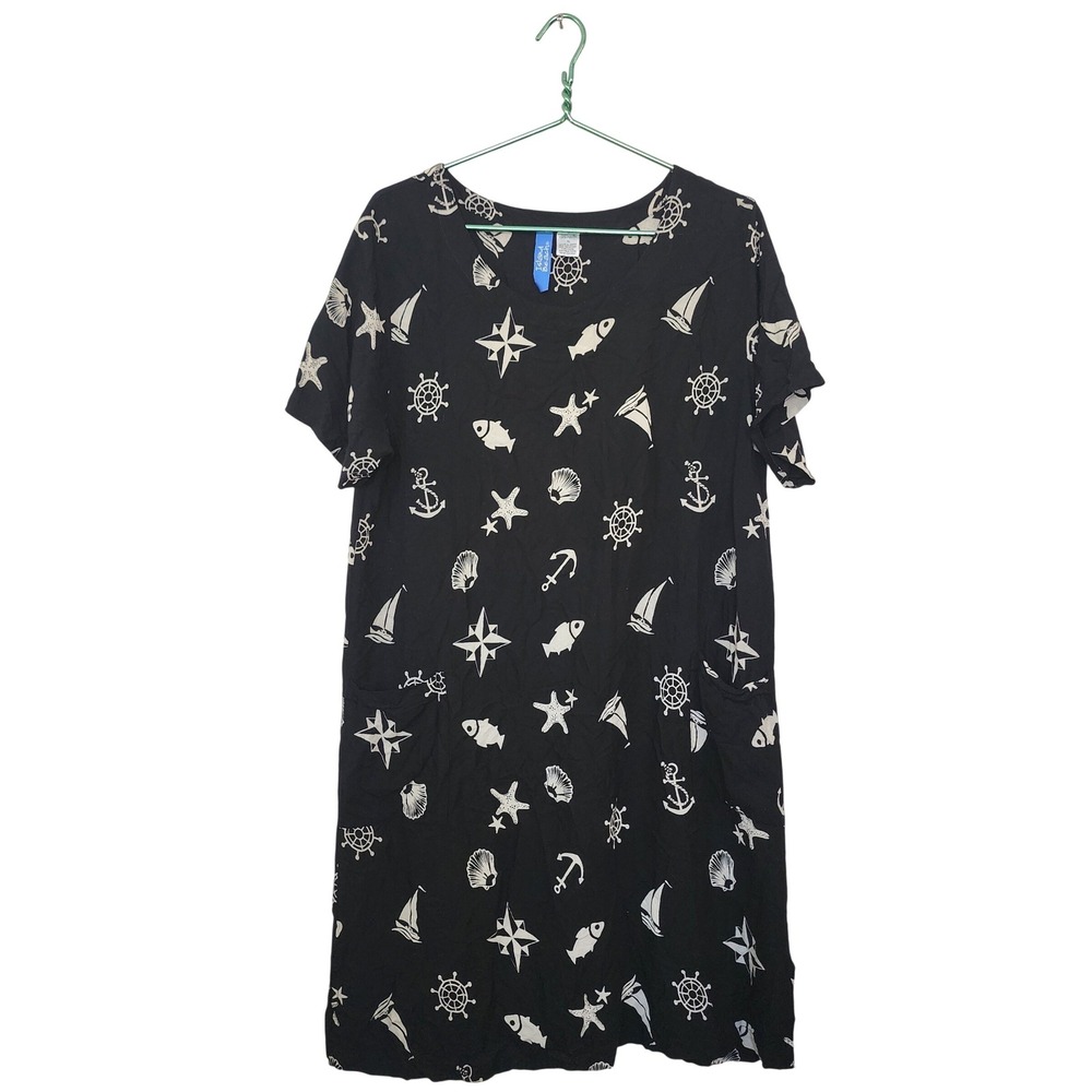 Island Beach Women XL Navy Blue Nautical Print Rayon Short Sleeve Pocket Dress
